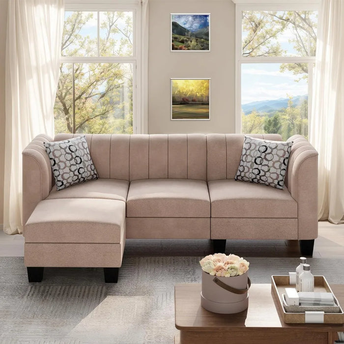Upgraded Convertible Sectional Sofa Couch, 3 Seat L Shaped Sofa with High Armrest Linen Fabric Small Couch for Living Room Beige