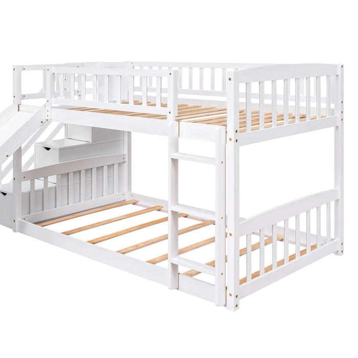 Stairway Twin over Twin Bunk Bed with Two Drawers and Slide