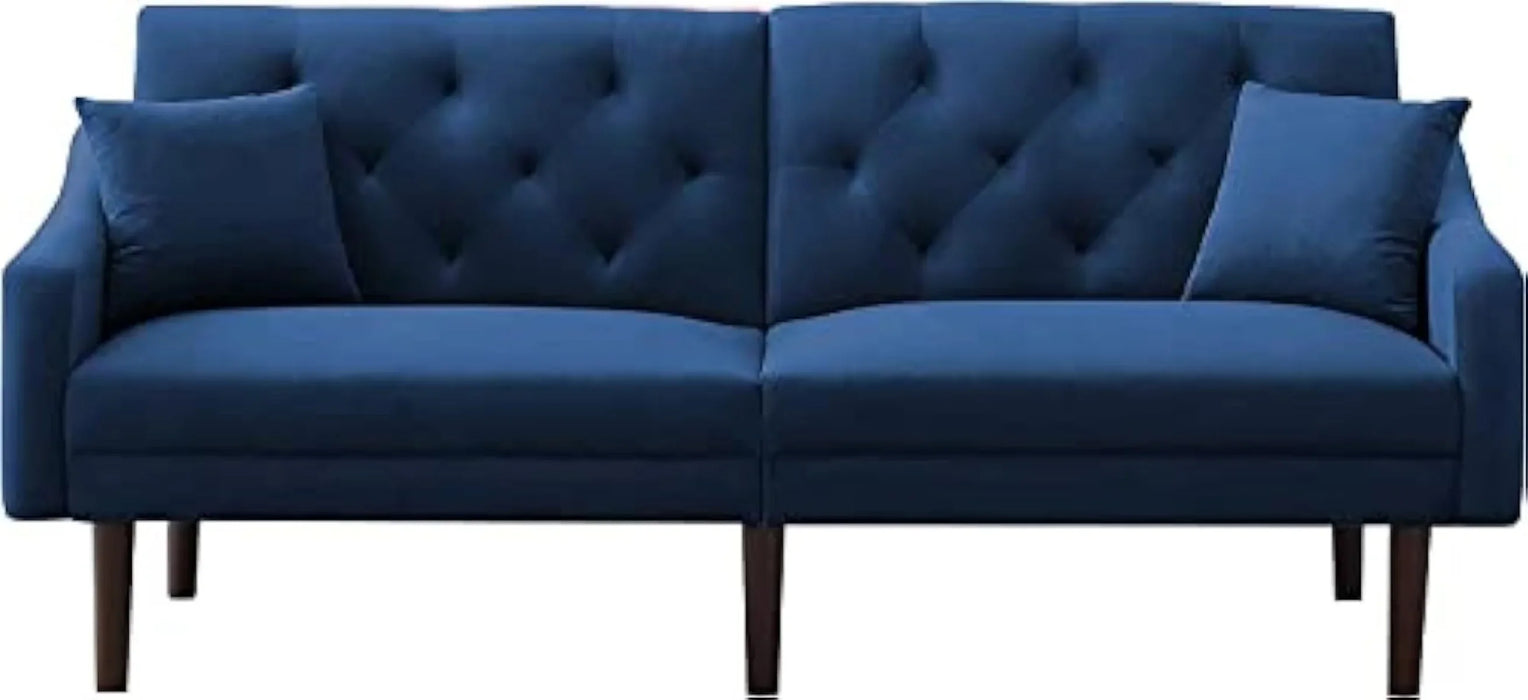 Convertible Sleeper Futon Sofa with 2 Pillows, Velvet Tufted Couch w/Metal Legs and Adjustable Backrest, Blue