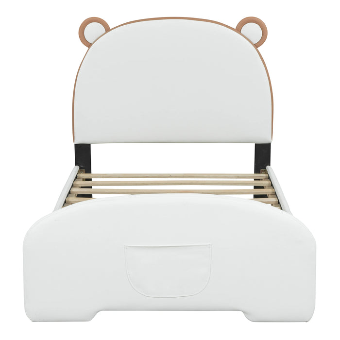 [Flash Sale]Twin Size Upholstered Platform Bed with Bear-Shaped Headboard&Footboard White/Brown PU Bed Frame[US-W]