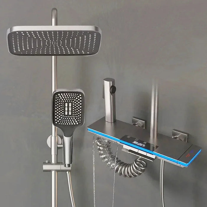 NEW Atmosphere Lamp Bathroom Gray Shower System Full Set Wall Mounted Bathtub Digital Display Shower Set with Bidet Faucet suit