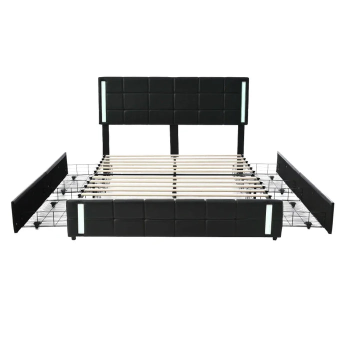 Platform Bed with LED Lights and USB Charging, Storage Bed with 4 Drawers, Black