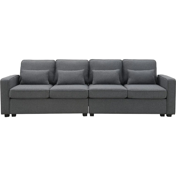 Living room sofa 104" linen sofa with armrest pockets, minimalist 4-seater sofa, dark grey