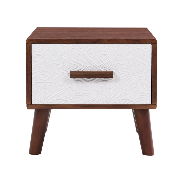 3-Piece Set: TV Stand & 2 End Tables with Drawers, Embossed Patterns, Brown+White - Elegant Living Room Ensemble