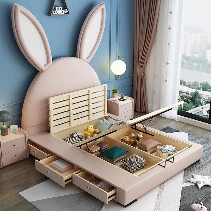 Cartoon Rabbit Children's Bed Girls Liked 1.2m 1.5m Simple Style Solid Wood Bedroom Bed For Kids Space -Saving Home Furniture