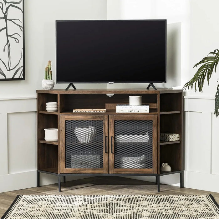 Modern Metal Mesh and Wood Corner Universal TV Stand with Open Shelves Cabinet Doors Storage 48 Inch, Rustic Oak