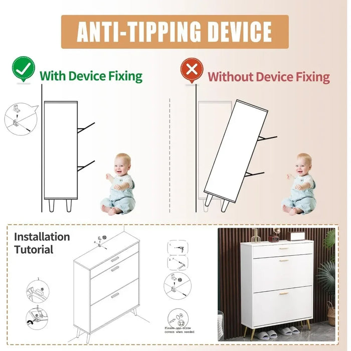 Shoe cabinet freestanding shoe rack organizer with 2 flip-out drawers and top drawer cabinet, living room furniture cabinet