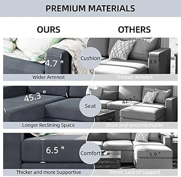 Modern Linen Fabric L-Shaped , 3-Seat Sofa Sectional with Reversible Chaise for Living Room, Apartment and Small Space