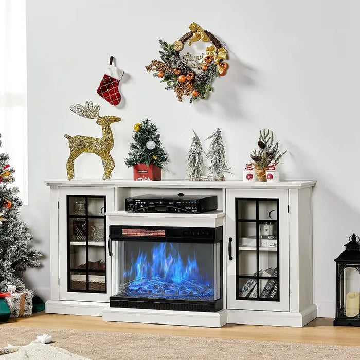Fireplace TV Stand 59" Media Entertainment Center with Farmhouse Glass Door Storage Cabinet, TV Console Table for TVs up to 65"