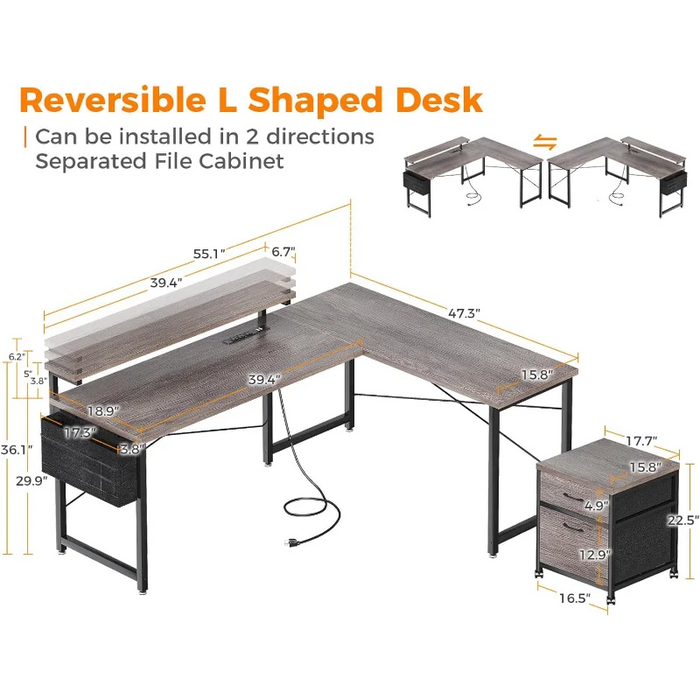 AODK L Shaped Computer Desk, 55" Office Desk with File Cabinet, Power Outlet and Adjustable Monitor Stand, Executive Home Office