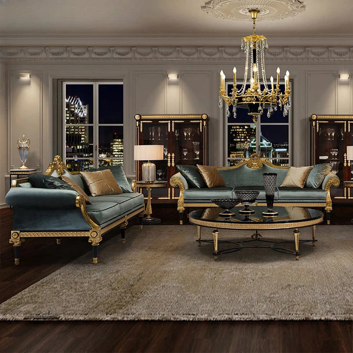 European style living room peach blossom wood carved fabric sofa combination