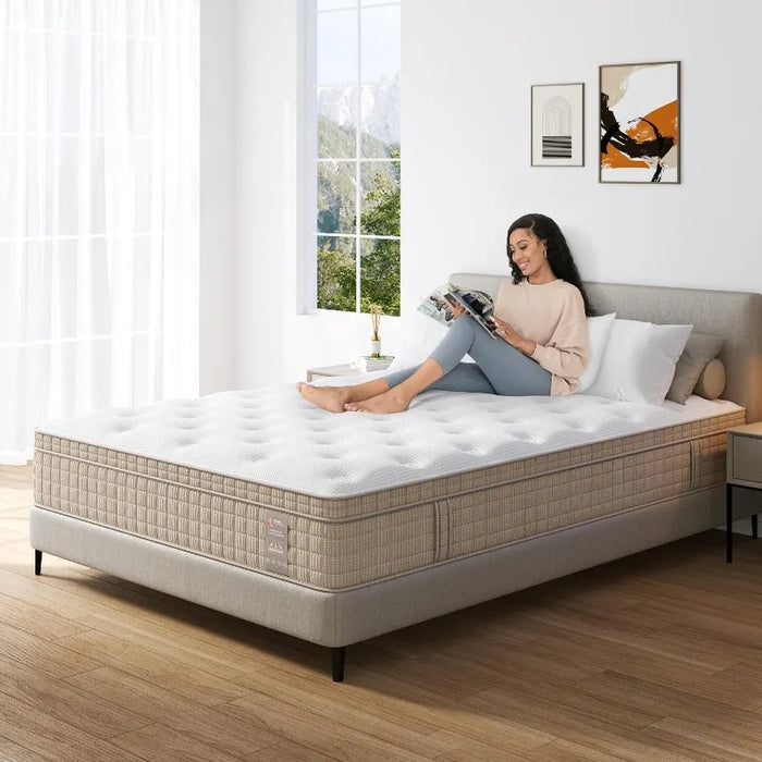 King Size Mattress,14 Inch Memory Foam Hybrid Mattresses in a Box with Individual Pocket Spring,Khaki Medium Firm King