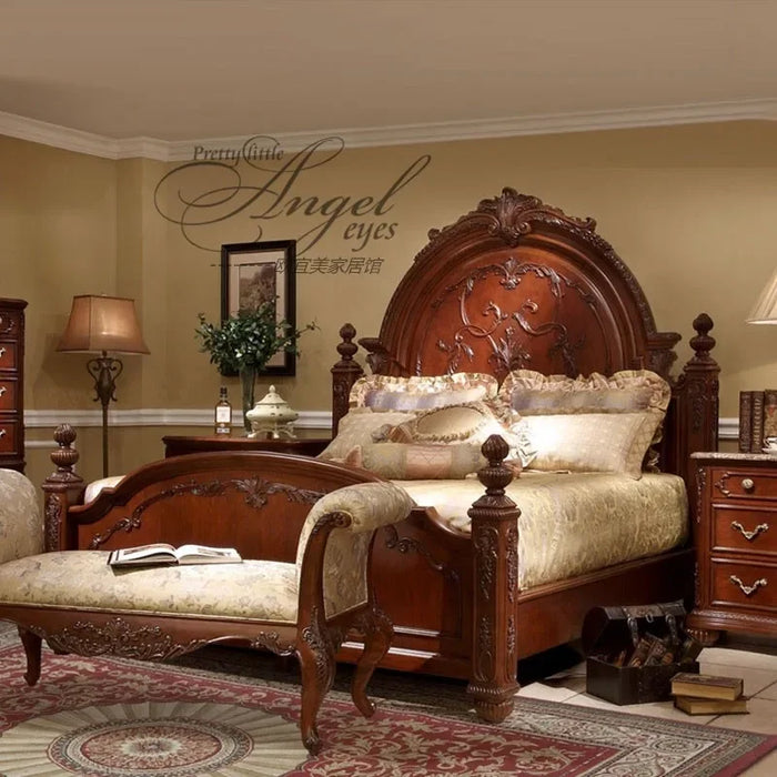 American luxury solid wood carved bed French antique old bedroom double bed