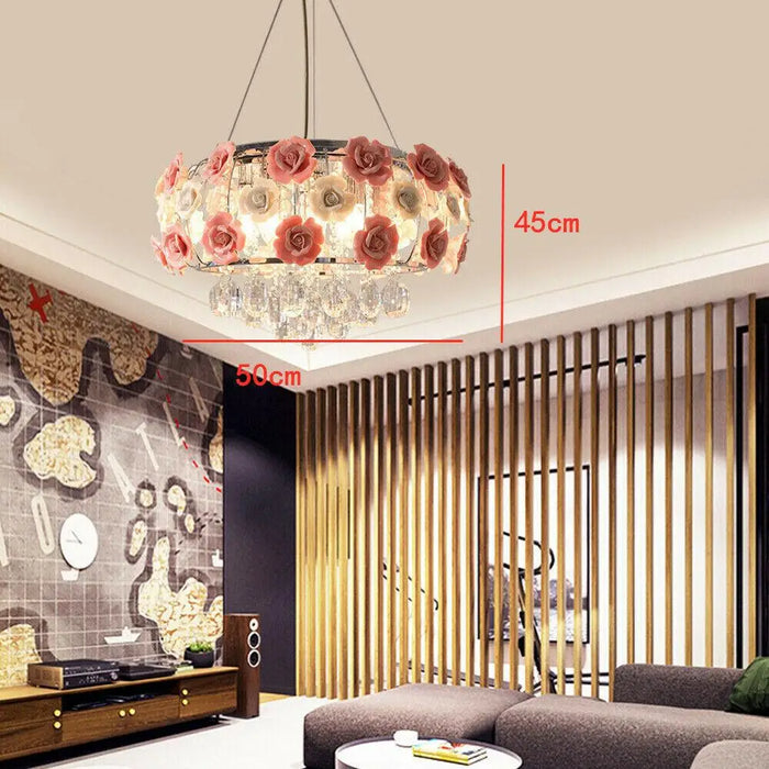 Modern Pink Crystal Chandelier Romantic Rose Flower Ceiling Lamp Pendant Light Girl Room Luxury Princess