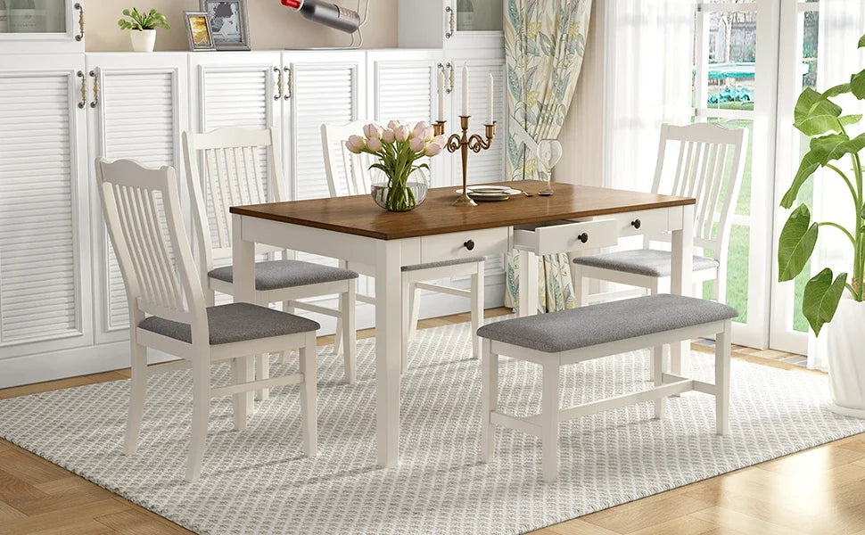 6-Piece Wood Dining Table Set, Kitchen Table Set with Drawer, Upholstered Chairs and Bench, Butter Milk