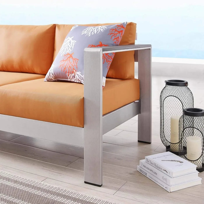 Aluminum Metal Outdoor Patio Sofa With Silver Orange All-Weather Cushions