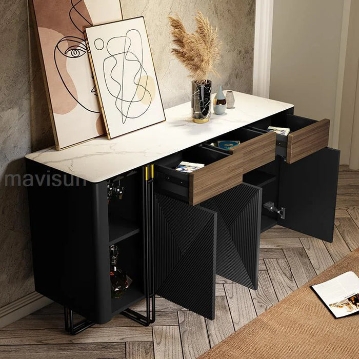 Black Sideboard For Dining Or Living Room Modern Home Furniture Rock Slab Table Top Cupboard Solid Wood Hallway Storage Cabinet