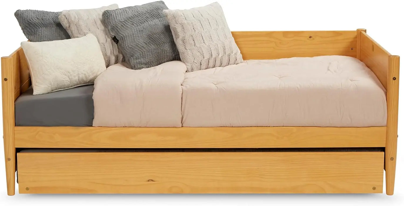 Mid-Century Modern Daybed-Trundle Set/Solid Wood/Panel Headboard/Mattress Foundation has 14 Wood Slats & Center Support