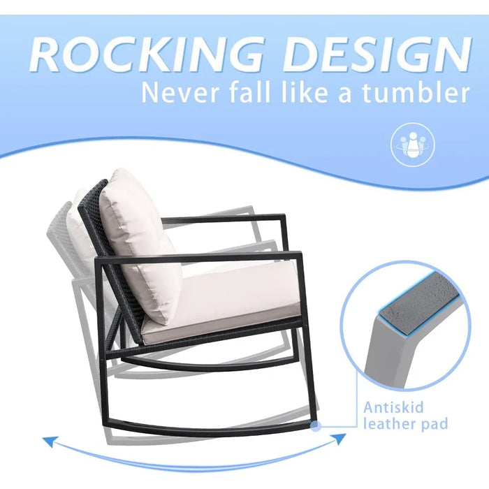Rocking Wicker Bistro Set, Patio Outdoor Furniture Conversation Sets with Porch Chairs and Glass Coffee Table, Beige
