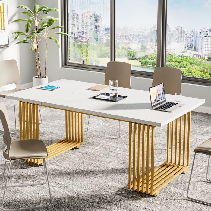 Tribesigns 70.9" Modern Office Desk, Wooden Computer Desk, White Executive Desk with Gold Metal Legs, Large Workstation for Home