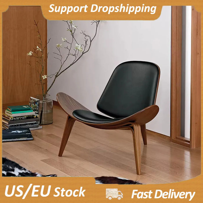 Lounge Shell Chair Faux Leather Solid Wood Style Kitchen Chair Single Sofa Chair Smile Airplane Chair for Living Room