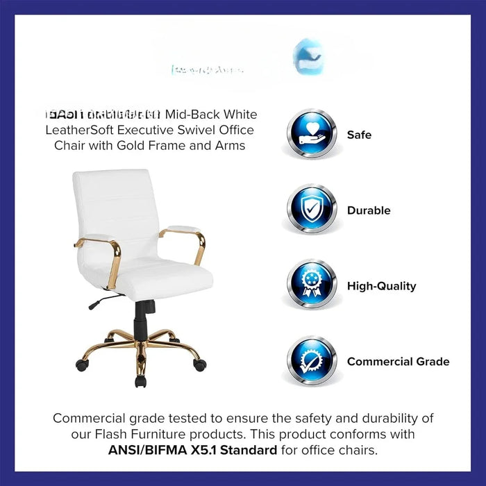 Computer Office Chair Cover Mid-Back Desk Chair - White LeatherSoft Executive Swivel Office Chair With Gold Frame Furniture