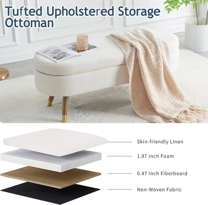 Storage Bench 43.5" Ottoman Bench Upholstered Boucle Fabric Footrest Bench with Golden Metal Legs End of Bed for Bed