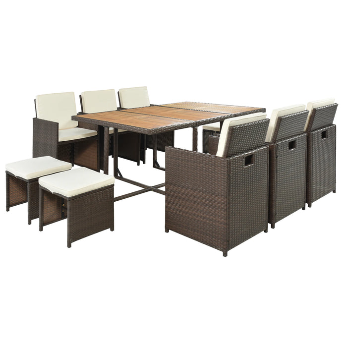 11-Piece Patio Furniture Set Patio All-Weather PE Wicker Dining Table Set with Wood Tabletop for 10 Brown Rattan+Beige Cushion