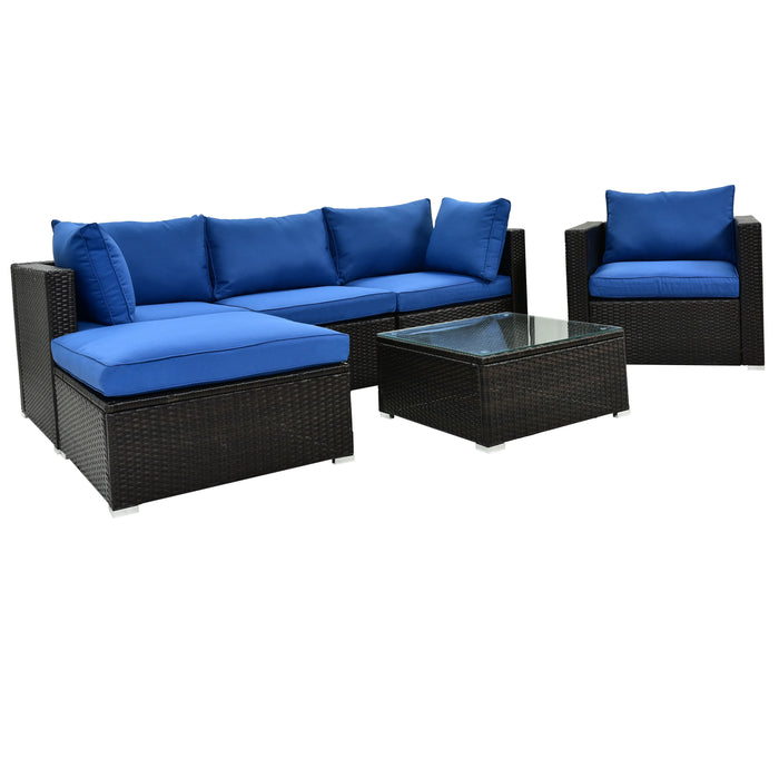 6PCS Patio Furniture Set Outdoor Patio Sectional All Weather PE Wicker Rattan Sofa Set with Glass Table, Blue Cushion