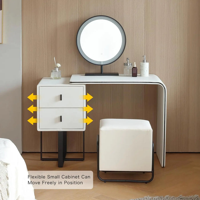 FUKAYI Makeup Vanity Desk Set with Stool & Drawers Dressing Table with Microfiber Leather Surface, White