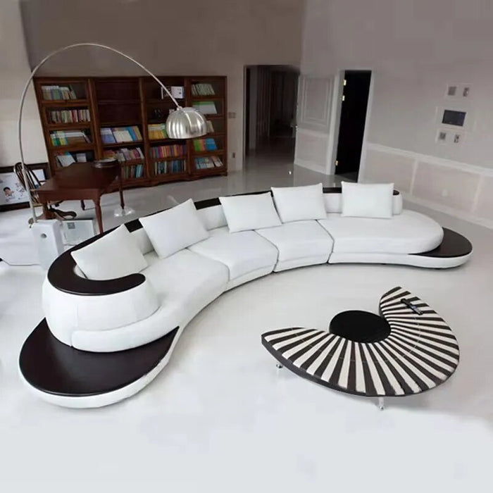 MANBAS Big Arc Shape Living Room Sofas Set Top Grain Italian Leather Couch with Corner Sectional White Designer Couch