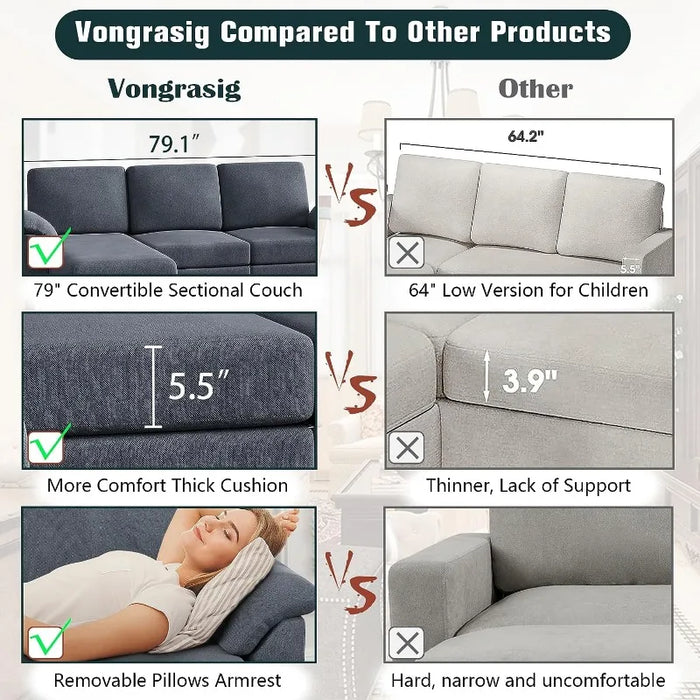 Convertible Sectional Sofa Couch,3 Seat L Shaped Sofa with Removable Pillows Linen Fabric Small Couch Mid Century for Living Roo