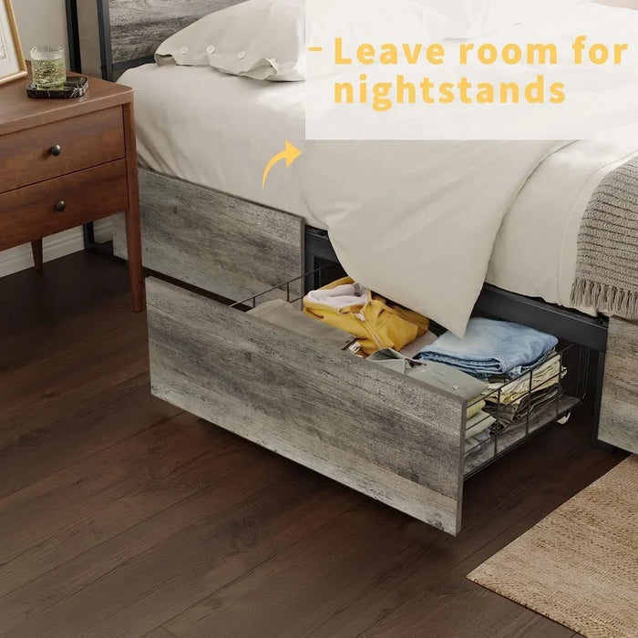 Bed frame with storage headboard and 4 drawers LED light metal platform noiseless mattress base with sturdy metal slats support