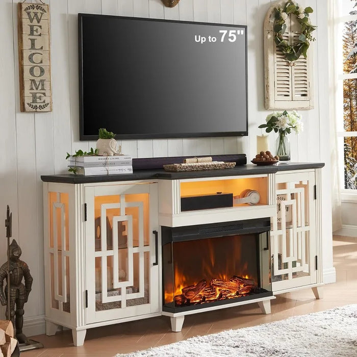 3-Sided Glass Fireplace TV Stand for 75 Inch TV w/LED Light, Farmhouse Highboy Entertainment Center with 26in Electric Fireplace