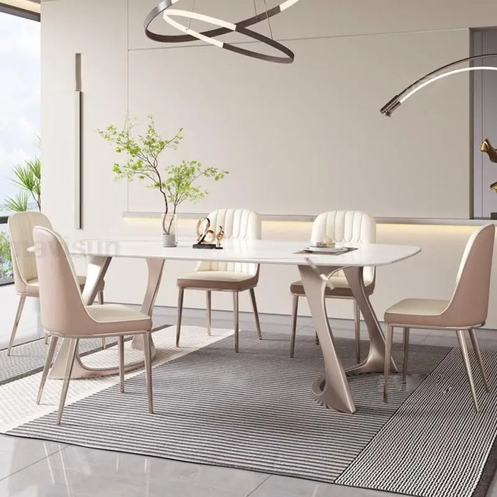 Luxury Minimalist Dining Table Set Rock Board Tabletop Stainless Steel Bases Designer Dining Table And Chairs Home Furniture