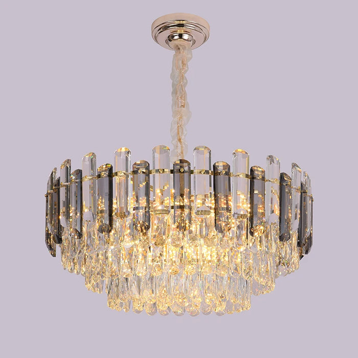 Led E14 Post Modern Clear&Grey Crystal Round Golden Chandelier Lamp For Living Room Model Dinning Room Luxury Hanging Light