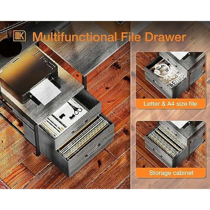 L Shaped Desk with File Drawer, 75" Reversible, with Power Outlet & LED Strip, Office Desk with Storage Shelves, Monitor Shelf