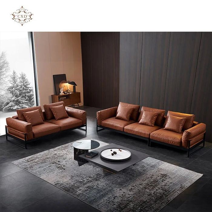 Italian Style Set Furniture Metal Frame Shape Corner 3 Seat Modern PU Leather Living Room Sofa