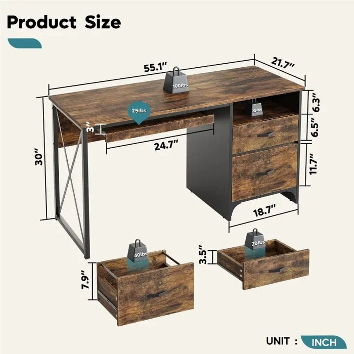 55 inch Industrial Computer Desk with Storage, Wood Teacher Desk with Keyboard Tray & File Drawer for Home Office