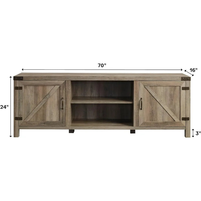 Modern double barn door TV cabinet, suitable for up to 80 inch TVs, with adjustable shelves, durable structure