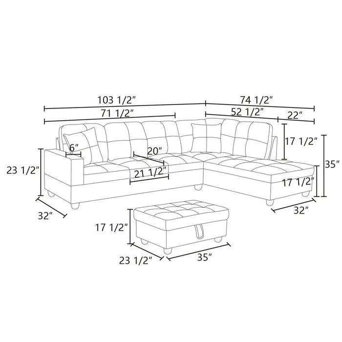 Sectional Sofa, 3 Piece Living Room Couch with Storage Ottoman, Right Facing Chaise, Espresso