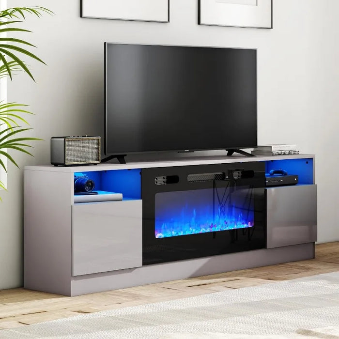 LED Light Entertainment Center 70" Modern Wood Entertainment Stand with Highlight Storage Cabinet for TVs up to 80"