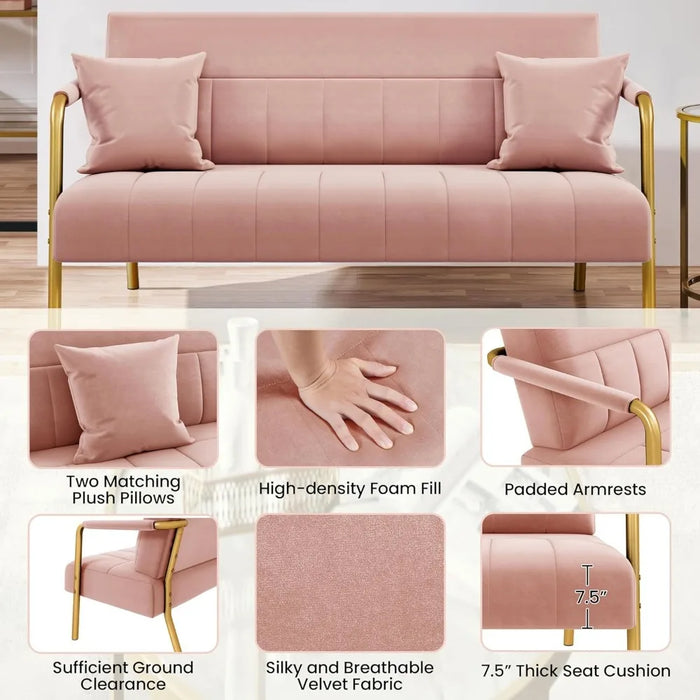 56.6″W Modern Loveseat 2 Seater Sofa Luxurious Velvet Fabric Couch Futon with Gold-Tone Metal Arms and Legs Sofa