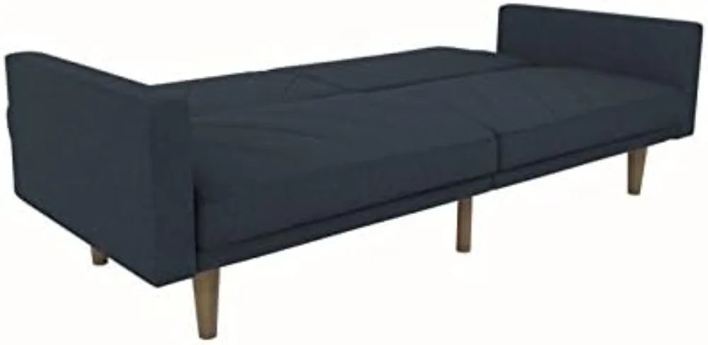 Convertible Futon Couch Bed with Linen Upholstery and Wood Legs - Navy Blue, Modern/Contemporary