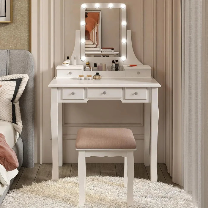 Drawer Table with Lighted Mirror, Makeup Vanity Dressing Table with LED Lights, Storage Shelves Cushioned Stool & 2 Drawers