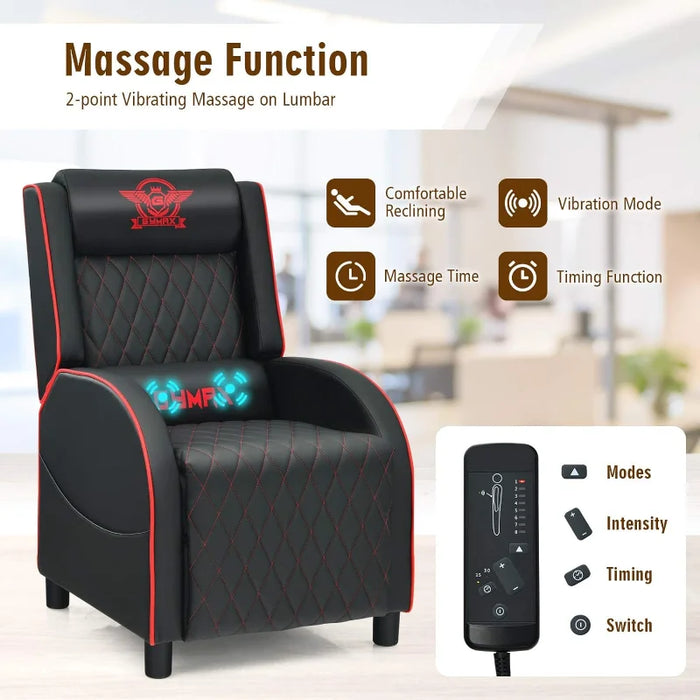 GYMAX Massage Gaming Recliner Chair, Ergonomic Racing Style Single Sofa with Adjustable Headrestg Room Office (Red)