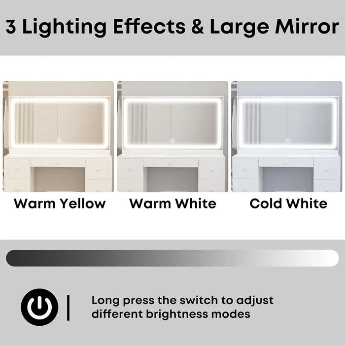 Makeup table with LED illuminated mirror and power socket, 7-drawer makeup table with stool,bedroom use,white,dressing table set