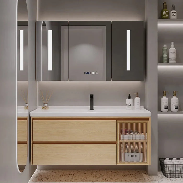 Log Colored Bathroom Cabinets Smart Mirror Cabinet Integrated Ceramic Washbasin Bathroom Cabinet Vanity Sink Bathroom Furniture