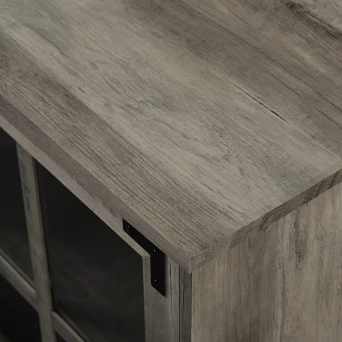 TV cabinet, wooden and glass fireplace TV stand with 2 cabinet doors, suitable for gray TVs up to 65 inches and 60 inches