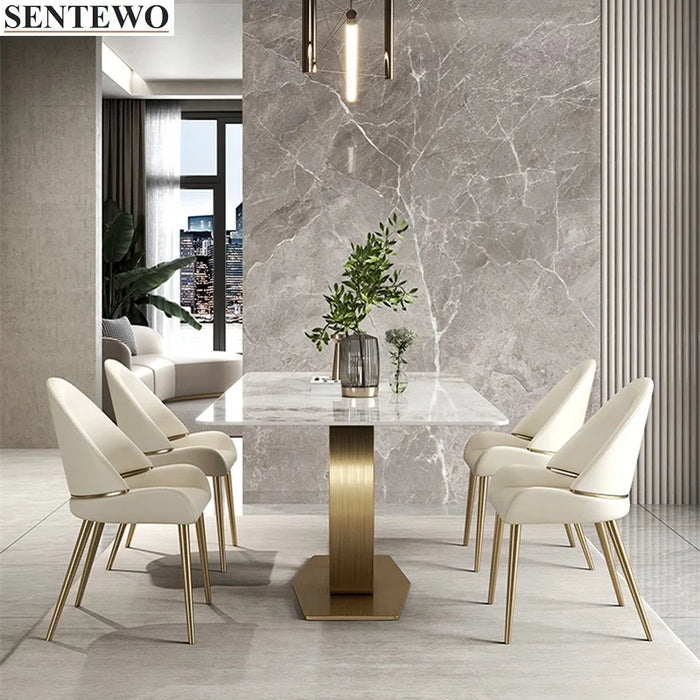 Luxury Rock Slab Kitchen Dining Table 8 Dinner Chairs Metal Titanium Gold Base Faux Marble Table Chair Set Meuble De Cuisine